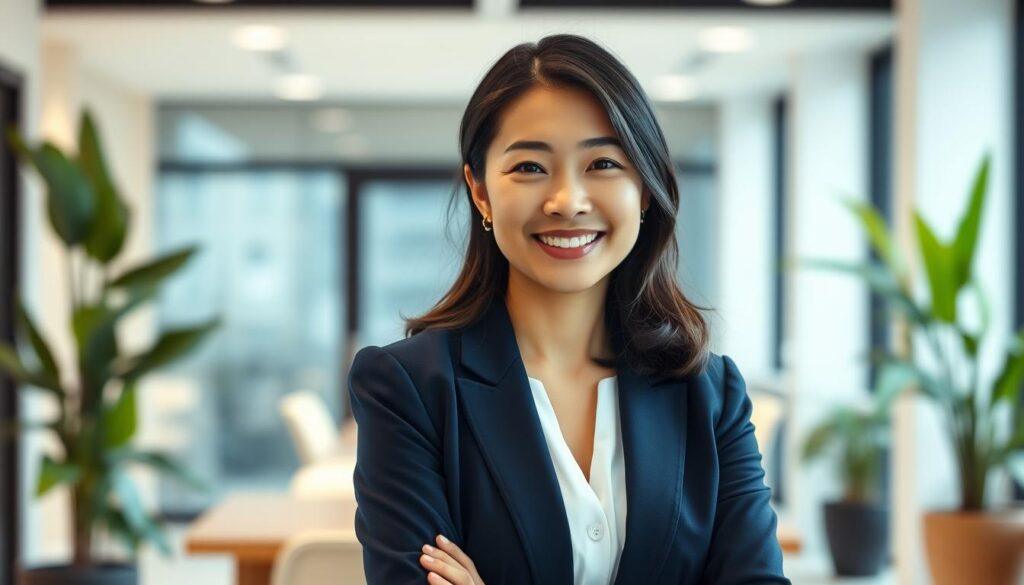 A natural headshot of a confident Asian woman in her mid-30s, dressed in a smart, professional navy blazer over a white blouse. She is positioned slightly off-center, facing the camera with a warm, genuine smile that reflects approachability and professionalism. The background features a softly blurred urban office environment with subtle greenery, creating an inviting yet polished atmosphere. Soft, diffused lighting highlights her facial features, accentuating her natural beauty without signs of over-processing. The image captures the essence of authenticity, portraying her as both relatable and accomplished. The camera angle is eye-level, ensuring a direct connection with the viewer while maintaining a professional tone that resonates with entrepreneurial spirit. A natural headshot of a confident Asian woman in her mid-30s, dressed in a smart, professional navy blazer over a white blouse. She is positioned slightly off-center, facing the camera with a warm, genuine smile that reflects approachability and professionalism. The background features a softly blurred urban office environment with subtle greenery, creating an inviting yet polished atmosphere. Soft, diffused lighting highlights her facial features, accentuating her natural beauty without signs of over-processing. The image captures the essence of authenticity, portraying her as both relatable and accomplished. The camera angle is eye-level, ensuring a direct connection with the viewer while maintaining a professional tone that resonates with entrepreneurial spirit.