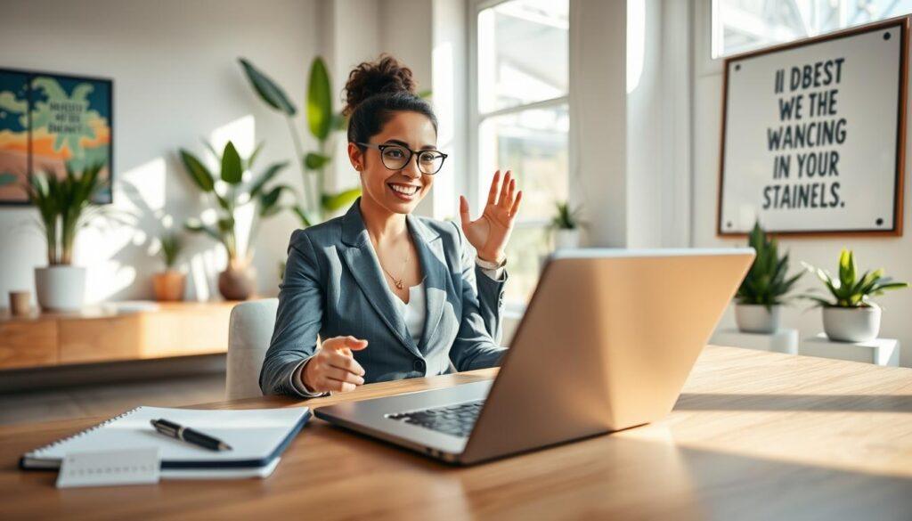 A professional entrepreneur seated at a modern desk, enthusiastically engaged in a video call on a laptop, portraying a sense of ambition and collaboration. The foreground features a stylish notebook and a pen, indicating productivity. In the middle ground, an elegantly dressed businesswoman in tailored attire is gesturing expressively, embodying confidence and approachability. The background showcases a bright, sunlit office space adorned with indoor plants and motivational artwork, enhancing the atmosphere of creativity and professionalism. Soft, natural lighting filters through large windows, casting gentle shadows that create depth. A wide-angle lens captures the scene from a slightly elevated perspective, emphasizing the dynamic lifestyle of modern entrepreneurship while revealing the subject's personality and values through their environment. The overall mood is inspiring and professional, ideal for conveying a message of personal branding through lifestyle integration. A professional entrepreneur seated at a modern desk, enthusiastically engaged in a video call on a laptop, portraying a sense of ambition and collaboration. The foreground features a stylish notebook and a pen, indicating productivity. In the middle ground, an elegantly dressed businesswoman in tailored attire is gesturing expressively, embodying confidence and approachability. The background showcases a bright, sunlit office space adorned with indoor plants and motivational artwork, enhancing the atmosphere of creativity and professionalism. Soft, natural lighting filters through large windows, casting gentle shadows that create depth. A wide-angle lens captures the scene from a slightly elevated perspective, emphasizing the dynamic lifestyle of modern entrepreneurship while revealing the subject's personality and values through their environment. The overall mood is inspiring and professional, ideal for conveying a message of personal branding through lifestyle integration.