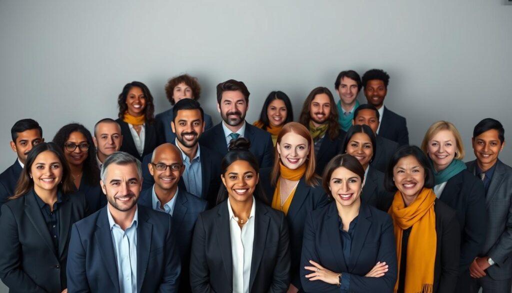 A professional group of diverse team members poses together for a headshot session, showcasing coordinated wardrobe color schemes to emphasize unity. The foreground features individuals in smart business attire—tailored suits and polished accessories—combining shades of navy blue, soft gray, and vibrant accents like mustard yellow and teal. In the middle ground, a subtle gradient background enhances their appearance, with soft lighting illuminating their faces and creating a welcoming atmosphere. The angle captures the entire team from slightly below eye level, adding a sense of strength and professionalism. The mood is collaborative and engaging, reflecting the essence of teamwork and harmony in a corporate environment, inviting viewers to appreciate their coordinated styling choices.