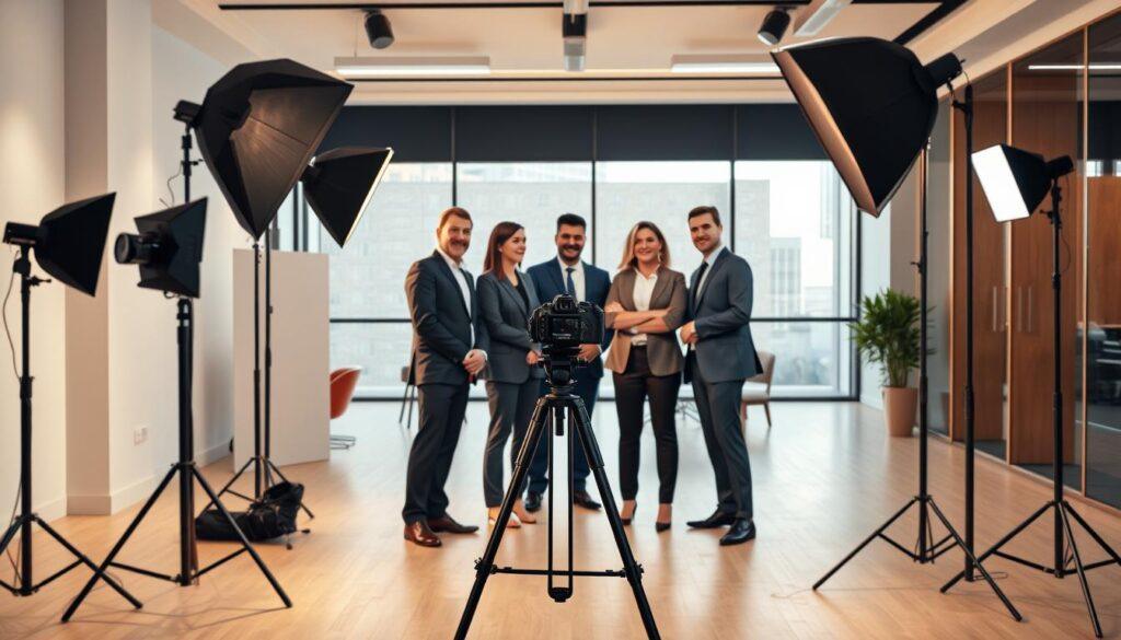 A professional group photography lighting setup in a contemporary corporate environment. In the foreground, a diverse team of six individuals, dressed in smart business attire, engage in a collaborative discussion while posing confidently for the camera. The middle ground features a sophisticated lighting arrangement, including softbox lights and reflectors, illuminating the group evenly to eliminate harsh shadows. A tripod with a DSLR camera is positioned at eye level, capturing the team from a slightly angled perspective to add depth. In the background, a sleek office space with large windows provides soft natural light, enhancing the warm and inviting atmosphere. The mood is focused yet friendly, emphasizing teamwork and professionalism in a corporate setting.