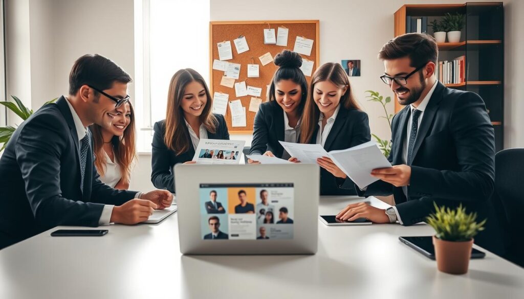 A professional workspace featuring a clean, organized desk bathed in soft natural light from a nearby window. In the foreground, a diverse group of young professionals, dressed in smart business attire, collaborate over a laptop displaying a vibrant digital portfolio. Each individual is enthusiastically engaged, showcasing focused expressions as they align their resumes with portfolio samples, including graphic designs and highlights of work experiences. In the middle ground, a stylish corkboard displays pinned notes and featured links, creating an inspirational touch. The background hints at an inviting office environment, complete with indoor plants and a polished bookshelf filled with industry-related books. The overall mood is energetic and collaborative, emphasizing the importance of professional branding and alignment for career advancement.