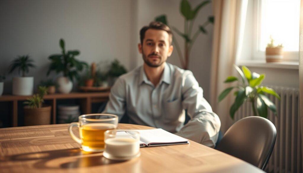 A serene wellness-themed setting featuring a calm individual preparing for a headshot session. The foreground shows a well-groomed professional in modest casual attire, sitting at a table with a notepad and herbal tea, embodying tranquility and focus. In the middle ground, a well-organized space is decorated with plants and soft lighting, radiating a warm glow that highlights the individual's features. The background includes a softly blurred window with gentle sunlight streaming in, emphasizing a tranquil morning atmosphere. The angle is slightly above eye level, providing an engaging perspective on the subject. The overall mood is calm and uplifting, suggesting the importance of sleep and wellness in preparation for photographic success. A serene wellness-themed setting featuring a calm individual preparing for a headshot session. The foreground shows a well-groomed professional in modest casual attire, sitting at a table with a notepad and herbal tea, embodying tranquility and focus. In the middle ground, a well-organized space is decorated with plants and soft lighting, radiating a warm glow that highlights the individual's features. The background includes a softly blurred window with gentle sunlight streaming in, emphasizing a tranquil morning atmosphere. The angle is slightly above eye level, providing an engaging perspective on the subject. The overall mood is calm and uplifting, suggesting the importance of sleep and wellness in preparation for photographic success.