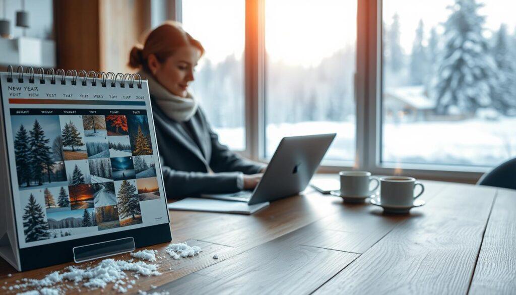 A serene winter landscape featuring a stylish, professional photo calendar displayed prominently in the foreground. The calendar showcases various seasonal images, with a focus on winter scenes like snow-covered pine trees and cozy indoor settings. In the middle ground, a business professional dressed in a smart, fitted coat and scarf is thoughtfully reviewing plans and goals at a wooden table with a laptop and a steaming cup of coffee. The background reveals a soft-focus view of a snowy landscape through a window, gently diffusing natural sunlight that casts a warm glow. The atmosphere is calm and reflective, evoking a sense of strategic planning and inspiration for the New Year. The scene is captured with a close-up lens to emphasize details and create an intimate feel. A serene winter landscape featuring a stylish, professional photo calendar displayed prominently in the foreground. The calendar showcases various seasonal images, with a focus on winter scenes like snow-covered pine trees and cozy indoor settings. In the middle ground, a business professional dressed in a smart, fitted coat and scarf is thoughtfully reviewing plans and goals at a wooden table with a laptop and a steaming cup of coffee. The background reveals a soft-focus view of a snowy landscape through a window, gently diffusing natural sunlight that casts a warm glow. The atmosphere is calm and reflective, evoking a sense of strategic planning and inspiration for the New Year. The scene is captured with a close-up lens to emphasize details and create an intimate feel.