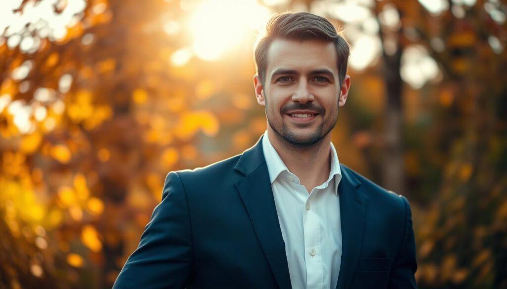 A sophisticated outdoor fall setting featuring a confident, professional individual in a tailored navy suit and a crisp white shirt, posing for a headshot. The subject is framed from the shoulders up, with a slight angle to their right, conveying a sense of authority and approachability. Warm, golden-hour lighting filters through vibrant autumn foliage, casting soft shadows that enhance the subject's features. The background is adorned with blurred, colorful autumn leaves in hues of orange, red, and yellow, creating a cozy, seasonal atmosphere. A shallow depth of field accentuates the individual while maintaining a sense of context relevant to the fall season. The mood is poised and energetic, perfect for a year-end brand refresh. A sophisticated outdoor fall setting featuring a confident, professional individual in a tailored navy suit and a crisp white shirt, posing for a headshot. The subject is framed from the shoulders up, with a slight angle to their right, conveying a sense of authority and approachability. Warm, golden-hour lighting filters through vibrant autumn foliage, casting soft shadows that enhance the subject's features. The background is adorned with blurred, colorful autumn leaves in hues of orange, red, and yellow, creating a cozy, seasonal atmosphere. A shallow depth of field accentuates the individual while maintaining a sense of context relevant to the fall season. The mood is poised and energetic, perfect for a year-end brand refresh.