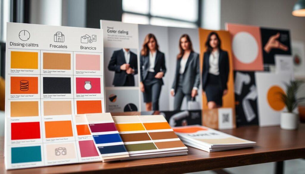 A strategic mood board for brand consistency showcasing a harmonious blend of color palettes, styling themes, and visual cohesion. In the foreground, display swatches of vibrant and muted colors arranged in an aesthetically pleasing manner alongside minimalist icons representing various aspects of branding. The middle layer features elegantly styled images of professional business attire, emphasizing different looks that convey brand identity—warm tones for approachability, cool tones for professionalism. In the background, soft-focus elements such as textures, patterns, and abstract shapes hint at a cohesive visual language. The lighting is bright yet soft, creating an inviting atmosphere, with a slight depth of field to keep the focus on the mood board elements. Overall, the scene exudes creativity, professionalism, and strategic vision in personal branding. A strategic mood board for brand consistency showcasing a harmonious blend of color palettes, styling themes, and visual cohesion. In the foreground, display swatches of vibrant and muted colors arranged in an aesthetically pleasing manner alongside minimalist icons representing various aspects of branding. The middle layer features elegantly styled images of professional business attire, emphasizing different looks that convey brand identity—warm tones for approachability, cool tones for professionalism. In the background, soft-focus elements such as textures, patterns, and abstract shapes hint at a cohesive visual language. The lighting is bright yet soft, creating an inviting atmosphere, with a slight depth of field to keep the focus on the mood board elements. Overall, the scene exudes creativity, professionalism, and strategic vision in personal branding.