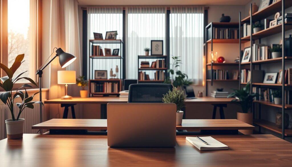 A stylish home office setting that showcases a blend of professionalism and creativity. In the foreground, a sleek wooden desk with a modern laptop, a notepad, and a potted plant, complemented by a comfortable ergonomic chair. The middle layer features warm ambient lighting from a soft desk lamp, casting a cozy glow. In the background, large windows allow natural light to illuminate the room, with sheer curtains gently filtering sunlight. Bookshelves filled with books and inspiring decor pieces enhance the atmosphere. The overall mood is inviting and conducive to productivity, perfect for entrepreneur brand photography. The image captures the essence of a well-organized workspace, showcasing it as both functional and aesthetically pleasing. No people are present, ensuring that the focus remains on the setting itself.