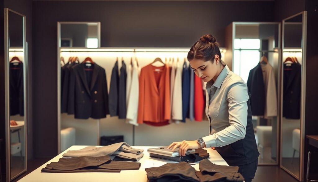 A stylish, well-organized wardrobe selection process for entrepreneurs preparing for a headshot session. In the foreground, a professional individual, dressed in smart business attire, is thoughtfully examining various outfit options laid out on a table. The middle ground features a well-lit, spacious dressing area with mirrors reflecting soft, natural lighting. Hangs neatly on clothing racks are a selection of blouses and blazers in complementary colors that evoke confidence and branding. The background shows cohesive, minimalistic decor, enhancing a professional yet inviting atmosphere. The mood is focused and inspiring, emphasizing the importance of wardrobe choices in creating a powerful visual impact during photo sessions. Capture the scene from a slightly elevated angle, utilizing gentle lighting to enhance texture and detail without harsh shadows. A stylish, well-organized wardrobe selection process for entrepreneurs preparing for a headshot session. In the foreground, a professional individual, dressed in smart business attire, is thoughtfully examining various outfit options laid out on a table. The middle ground features a well-lit, spacious dressing area with mirrors reflecting soft, natural lighting. Hangs neatly on clothing racks are a selection of blouses and blazers in complementary colors that evoke confidence and branding. The background shows cohesive, minimalistic decor, enhancing a professional yet inviting atmosphere. The mood is focused and inspiring, emphasizing the importance of wardrobe choices in creating a powerful visual impact during photo sessions. Capture the scene from a slightly elevated angle, utilizing gentle lighting to enhance texture and detail without harsh shadows.