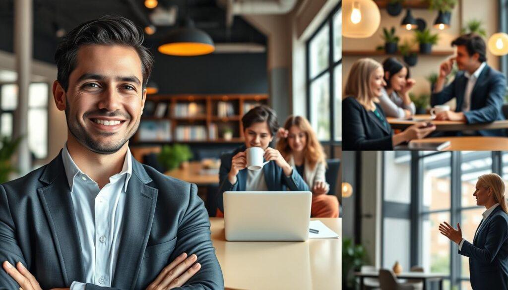 A vibrant collage showcasing diverse personal branding photography styles. In the foreground, a confident entrepreneur in professional business attire is smiling for a headshot, exuding charisma. The middle layer features a candid lifestyle shot of the same individual enjoying a coffee while working on a laptop in a cozy, modern café, capturing an authentic and approachable vibe. Behind them, a behind-the-scenes moment shows a small team collaborating, with soft lighting highlighting their engaged expressions. To the side, an action shot captures the entrepreneur giving a spirited presentation, emphasizing energy and passion. Use natural light to create a warm, inviting atmosphere, with a shallow depth of field to keep the focus on the subjects while gently blurring the backgrounds for a professional finish. Overall, the composition should reflect a cohesive brand narrative, illustrating a complete identity. A vibrant collage showcasing diverse personal branding photography styles. In the foreground, a confident entrepreneur in professional business attire is smiling for a headshot, exuding charisma. The middle layer features a candid lifestyle shot of the same individual enjoying a coffee while working on a laptop in a cozy, modern café, capturing an authentic and approachable vibe. Behind them, a behind-the-scenes moment shows a small team collaborating, with soft lighting highlighting their engaged expressions. To the side, an action shot captures the entrepreneur giving a spirited presentation, emphasizing energy and passion. Use natural light to create a warm, inviting atmosphere, with a shallow depth of field to keep the focus on the subjects while gently blurring the backgrounds for a professional finish. Overall, the composition should reflect a cohesive brand narrative, illustrating a complete identity.