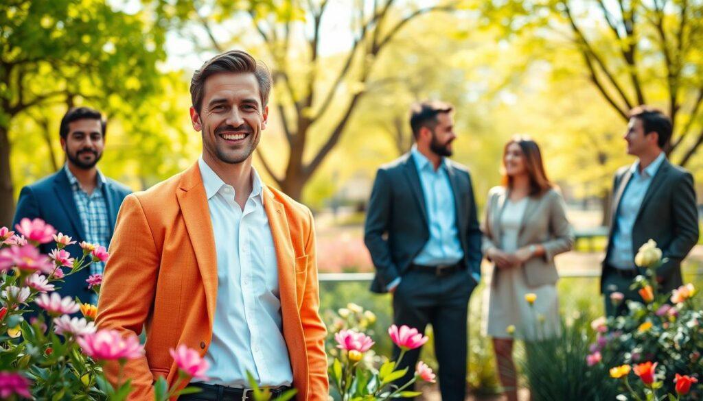 A vibrant spring scene featuring a diverse group of professionals posing for seasonal headshots in a lush outdoor environment. In the foreground, a confident entrepreneur in a crisp white shirt and a colorful blazer stands with a warm smile, surrounded by blooming flowers and fresh greenery. In the middle ground, two other business individuals, one wearing a light dress and the other in smart casual attire, engage in a friendly discussion, embodying collaboration and growth. The background showcases a sunlit park with trees bursting with new leaves, symbolizing renewal and vitality. Soft, natural lighting enhances the fresh, inviting atmosphere, while a shallow depth of field focuses on the subjects while subtly blurring the background, creating a sense of depth and professionalism. The overall mood is upbeat and inspiring, perfect for capturing the essence of spring renewal. A vibrant spring scene featuring a diverse group of professionals posing for seasonal headshots in a lush outdoor environment. In the foreground, a confident entrepreneur in a crisp white shirt and a colorful blazer stands with a warm smile, surrounded by blooming flowers and fresh greenery. In the middle ground, two other business individuals, one wearing a light dress and the other in smart casual attire, engage in a friendly discussion, embodying collaboration and growth. The background showcases a sunlit park with trees bursting with new leaves, symbolizing renewal and vitality. Soft, natural lighting enhances the fresh, inviting atmosphere, while a shallow depth of field focuses on the subjects while subtly blurring the background, creating a sense of depth and professionalism. The overall mood is upbeat and inspiring, perfect for capturing the essence of spring renewal.