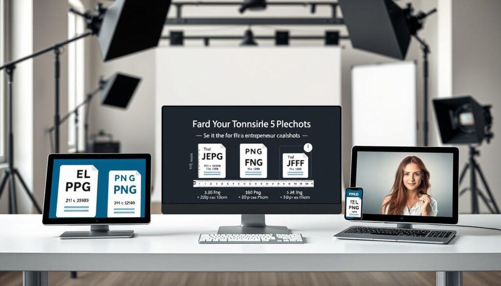 A visually engaging and informative digital composition showcasing various file formats and sizing specifics for professional photo editing in a marketing context. In the foreground, a sleek modern desk holds multiple devices displaying distinct file formats (JPEG, PNG, TIFF) on screens, each featuring their technical specifications. In the middle, a detailed infographic illustrates optimal sizing dimensions for entrepreneur headshots, with rulers and measuring tools subtly integrated into the design, emphasizing precision. The background features a soft-focus photography studio setting with diffused natural lighting, highlighting professionalism and clarity. The overall mood is polished and sophisticated, ideal for a professional setting, encouraging attention to detail in photo editing standards for marketing applications. A visually engaging and informative digital composition showcasing various file formats and sizing specifics for professional photo editing in a marketing context. In the foreground, a sleek modern desk holds multiple devices displaying distinct file formats (JPEG, PNG, TIFF) on screens, each featuring their technical specifications. In the middle, a detailed infographic illustrates optimal sizing dimensions for entrepreneur headshots, with rulers and measuring tools subtly integrated into the design, emphasizing precision. The background features a soft-focus photography studio setting with diffused natural lighting, highlighting professionalism and clarity. The overall mood is polished and sophisticated, ideal for a professional setting, encouraging attention to detail in photo editing standards for marketing applications.