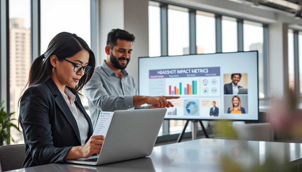A well-lit modern office setting featuring a diverse group of three professionals analyzing headshot impact metrics on digital devices. In the foreground, a focused woman in business attire examines a laptop screen displaying charts and graphs related to profile views and CTRs, her face illuminated by the screen's glow. In the middle, a man in a smart casual shirt gestures towards a large display showing a vibrant infographic of inbound requests and image comparisons, emphasizing collaboration. In the background, large windows reveal an urban skyline, allowing natural light to flood the room, creating an energetic atmosphere. The mood is analytical yet friendly, with a soft depth of field effect focusing on the professionals while gently blurring the office elements behind them. The lens captures the essence of teamwork and data-driven decisions in a contemporary business environment. A well-lit modern office setting featuring a diverse group of three professionals analyzing headshot impact metrics on digital devices. In the foreground, a focused woman in business attire examines a laptop screen displaying charts and graphs related to profile views and CTRs, her face illuminated by the screen's glow. In the middle, a man in a smart casual shirt gestures towards a large display showing a vibrant infographic of inbound requests and image comparisons, emphasizing collaboration. In the background, large windows reveal an urban skyline, allowing natural light to flood the room, creating an energetic atmosphere. The mood is analytical yet friendly, with a soft depth of field effect focusing on the professionals while gently blurring the office elements behind them. The lens captures the essence of teamwork and data-driven decisions in a contemporary business environment.