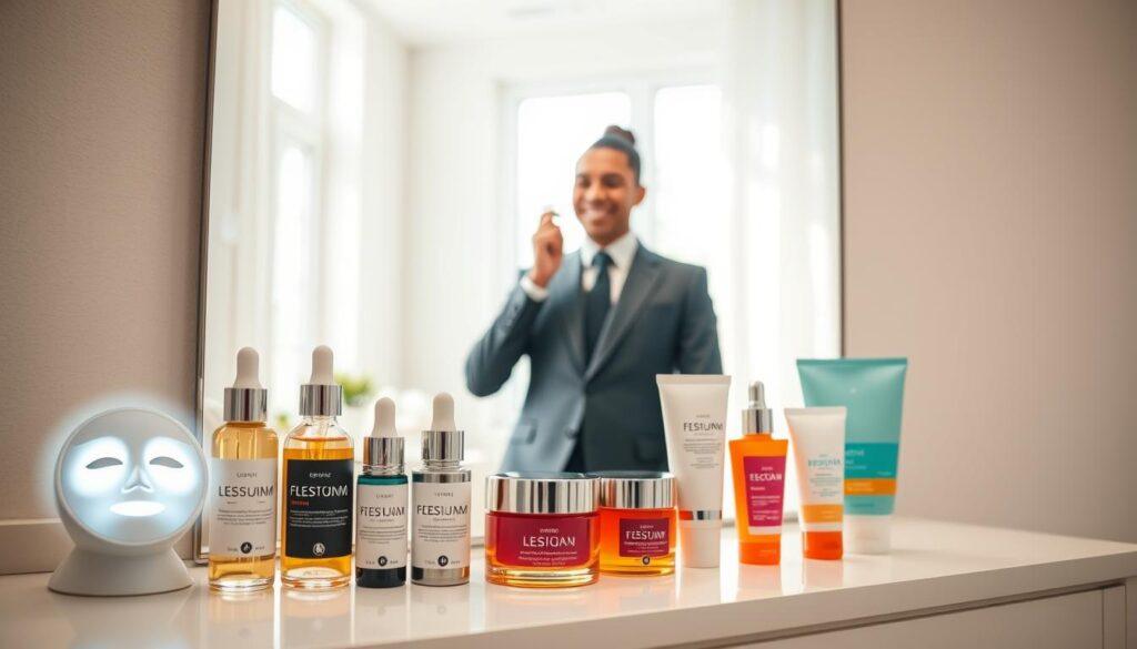 A well-organized skincare routine setup displayed on a clean, light-colored vanity. In the foreground, a selection of professional skincare products, including serums, moisturizer, and sunscreen, arranged neatly beside a glowing face mask. In the middle ground, a soft-focus mirror reflects a confident individual in professional business attire, applying a moisturizer while smiling. The background features a bright, airy room with natural light streaming in from a window, creating a warm and inviting atmosphere. The scene is captured with a shallow depth of field, emphasizing the individual and the skincare products in vibrant colors. The overall mood is uplifting and energetic, encouraging a sense of readiness for a headshot session. A well-organized skincare routine setup displayed on a clean, light-colored vanity. In the foreground, a selection of professional skincare products, including serums, moisturizer, and sunscreen, arranged neatly beside a glowing face mask. In the middle ground, a soft-focus mirror reflects a confident individual in professional business attire, applying a moisturizer while smiling. The background features a bright, airy room with natural light streaming in from a window, creating a warm and inviting atmosphere. The scene is captured with a shallow depth of field, emphasizing the individual and the skincare products in vibrant colors. The overall mood is uplifting and energetic, encouraging a sense of readiness for a headshot session.