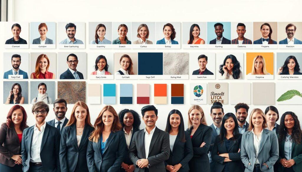 A bright, modern mood board showcasing a diverse array of headshots that emphasize accessibility and inclusivity. In the foreground, clear and well-lit headshots of professionals from various backgrounds, dressed in smart business attire, looking confidently at the camera. The middle section includes swatches of colors, textures, and graphic elements that convey various moods and emotions to enhance legibility. The background is softly blurred to maintain focus on the headshots, with soft, natural lighting that creates an inviting atmosphere. The overall composition reflects a balanced blend of professionalism and creativity, highlighting visual direction in branding while ensuring inclusivity and accessibility in representation.