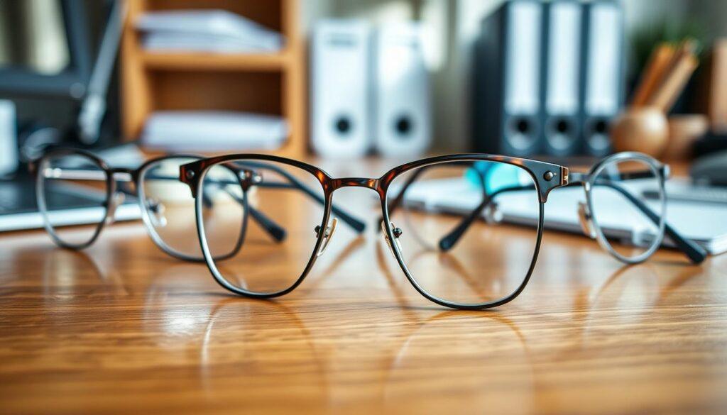 A close-up shot of elegantly designed eyeglasses on a polished wooden surface, showcasing various frame shapes and anti-glare coatings. The glasses should reflect soft, diffused lighting, highlighting their gleam without glare. In the background, subtle reflections of a well-organized desk environment can be seen, suggesting a professional workspace. Ensure the glasses are positioned at a slight angle to emphasize their shape and details, with a gentle tilt that draws attention to the lenses. The atmosphere should convey a sense of sophistication and professionalism, with an emphasis on clarity and clean lines, suitable for a headshot accessory context. No human subjects in the image.