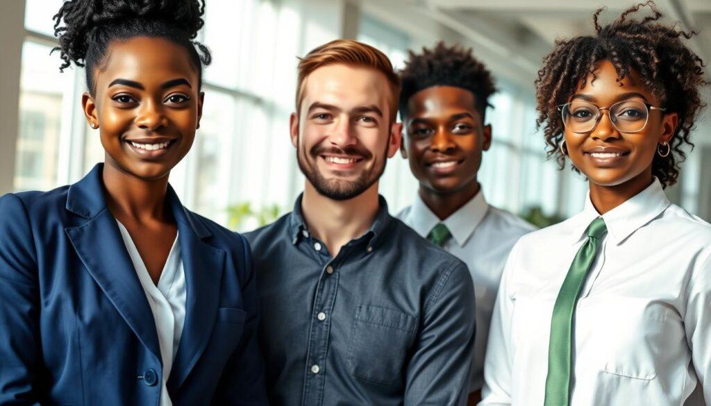 A diverse group of three professionals showcasing various skin tones and hair textures stands confidently in a modern office environment. In the foreground, a dark-skinned woman with coily hair styled in a neat bun wears a tailored blue blazer. Next to her, a light-skinned man with short, straight hair in a casual yet smart button-up shirt smiles, while a medium-brown-skinned person with wavy hair styled neatly in a cropped cut wears a crisp white shirt paired with a stylish green tie. The background features a bright, airy office with large windows allowing natural light to flood the space, casting soft shadows. The overall mood is positive and inclusive, emphasizing professional grooming techniques suitable for all skin tones and hair types, with a focus on collaboration and coordination. A diverse group of three professionals showcasing various skin tones and hair textures stands confidently in a modern office environment. In the foreground, a dark-skinned woman with coily hair styled in a neat bun wears a tailored blue blazer. Next to her, a light-skinned man with short, straight hair in a casual yet smart button-up shirt smiles, while a medium-brown-skinned person with wavy hair styled neatly in a cropped cut wears a crisp white shirt paired with a stylish green tie. The background features a bright, airy office with large windows allowing natural light to flood the space, casting soft shadows. The overall mood is positive and inclusive, emphasizing professional grooming techniques suitable for all skin tones and hair types, with a focus on collaboration and coordination.