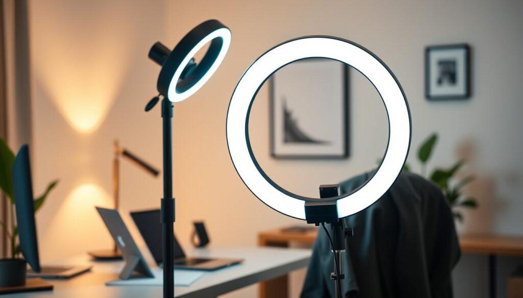 A modern, sleek ring light positioned in a home office setting, illuminating a workspace designed for remote and hybrid video calls. In the foreground, the ring light emits a soft, balanced glow, highlighting a well-organized desk with a high-quality webcam, a laptop, and a subtle, elegant backdrop. The middle ground features a comfortable chair with a professional business outfit draped casually over it, emphasizing a sense of readiness for virtual meetings. The background showcases a tastefully decorated wall with minimalistic art and a plant, creating a vibrant yet calming atmosphere. Soft diffused lighting adds warmth, enhancing the overall focus on the lighting setup. The scene conveys a professional and inviting mood, perfect for effective remote communication.