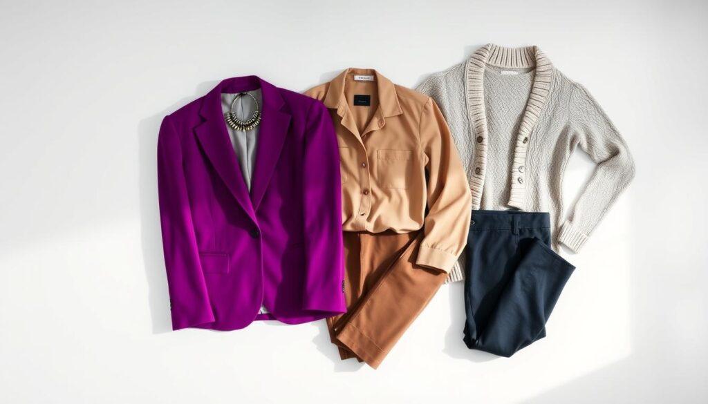 A neatly organized flat lay image showcasing a carefully curated outfit order for a headshot session. In the foreground, display a bold hero outfit including a vibrant, tailored blazer, complemented by an eye-catching accessory like a statement necklace. In the middle layer, include a mid-toned neutral ensemble, featuring a beige or light brown blouse paired with well-fitted trousers, accentuating professionalism. In the background, depict a relaxed close outfit—comfortable yet stylish attire such as a soft knit sweater with subtle patterns. The lighting is soft and natural, mimicking daylight, creating an inviting atmosphere. The scene is artistically composed from a slightly above angle, capturing the essence of thoughtful outfit planning for a professional photoshoot without any text or branding elements.
