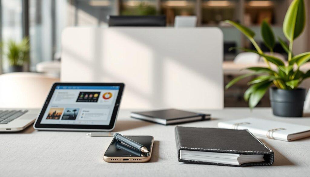 A polished headshot composition featuring an array of tech props. In the foreground, a modern laptop is slightly angled, showcasing its sleek design beside a tablet displaying a productivity app. A smartphone lies next to a stylish pen and a neatly arranged notebook with an elegant cover. In the middle ground, focus on a neutral backdrop that suggests a professional yet inviting atmosphere—soft lighting casts gentle shadows to enhance depth. The background includes faint elements of a blurred office setting with subtle accents of greenery to convey a modern workspace vibe. The mood should be professional and inspiring, evoking creativity and productivity. Overall, the scene should highlight the props without overpowering the subject, ensuring a clean, sophisticated look suitable for a business context.