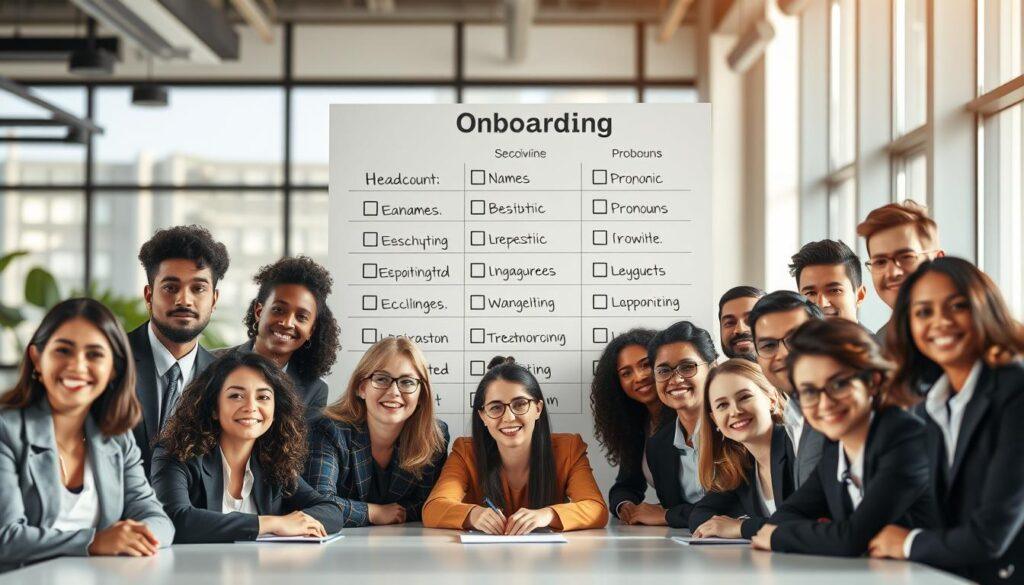 A professional and organized workspace featuring a group of diverse individuals engaged in an onboarding session. In the foreground, show several headshots of each person, displaying them in professional business attire. All individuals should appear enthusiastic and focused. In the middle ground, a large checklist is visible, highlighting key onboarding elements like headcount, names, phonetic pronunciation, and pronouns, designed in an engaging layout. The background captures a modern office environment with soft, natural lighting filtering through large windows, giving a warm and inviting feel. Use a shallow depth of field to keep the focus on the headshots and checklist, creating an atmosphere of collaboration and teamwork. A professional and organized workspace featuring a group of diverse individuals engaged in an onboarding session. In the foreground, show several headshots of each person, displaying them in professional business attire. All individuals should appear enthusiastic and focused. In the middle ground, a large checklist is visible, highlighting key onboarding elements like headcount, names, phonetic pronunciation, and pronouns, designed in an engaging layout. The background captures a modern office environment with soft, natural lighting filtering through large windows, giving a warm and inviting feel. Use a shallow depth of field to keep the focus on the headshots and checklist, creating an atmosphere of collaboration and teamwork.