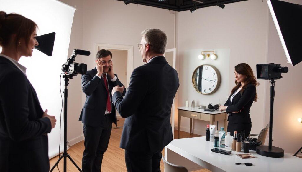 A spacious, well-lit photography studio set up for a headshot session. In the foreground, a professional photographer guides a client wearing smart business attire, adjusting the lighting and camera. The middle ground features a stylish changing room with a mirror, where another client waits, looking at a clock to anticipate their turn. Hair and makeup essentials are neatly arranged on a table, indicating hair touch-ups in progress. The background reveals a subtle gradient of soft lighting, creating a warm and inviting atmosphere. The angle captures the dynamic interactions between the photographer and clients, emphasizing the importance of buffer time in headshot sessions. The overall mood is professional yet relaxed, showcasing the organized chaos of the session preparation.