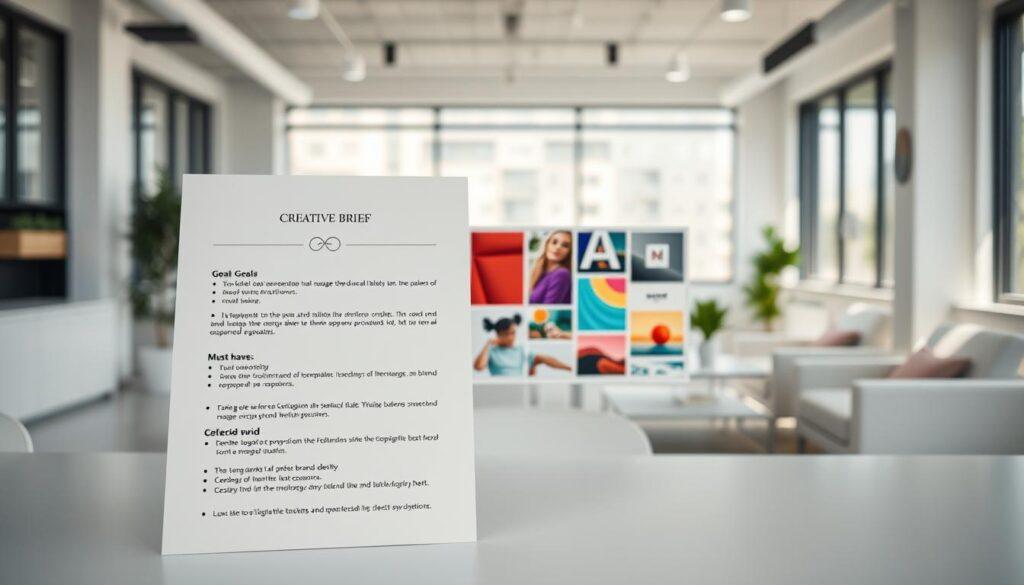 A visually engaging creative brief displayed on a clean, modern workspace. In the foreground, a single-page document featuring organized bullet points outlining goals, must-haves, and a list of items to avoid, all in an elegant, minimalist font. The middle layer shows an array of colorful and inspirational images from a mood board: vibrant textures, harmonious color palettes, and design elements that reflect brand identity. The background depicts a well-lit office environment with sleek furniture and natural light streaming through large windows. Soft, inviting tones create a collaborative atmosphere, emphasizing creativity and professionalism. The scene should invoke a sense of focus and clarity, ideal for a design-oriented discussion, with no people present.