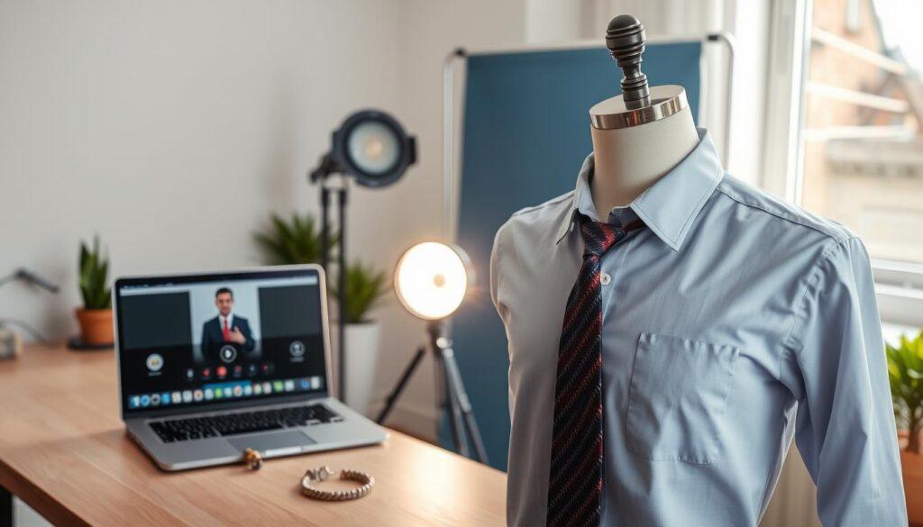 A well-organized and aesthetically pleasing workspace set up for webcam settings, featuring a laptop with an open camera application displaying a professional video call interface. In the foreground, a mannequin dressed in a crisp button-up shirt with an interesting collar, alongside a vibrant necktie and non-distracting jewelry set on a nearby table. In the middle, a soft, diffused light illuminates the scene to create a warm, inviting atmosphere, with a small ring light angled towards the shirt for optimal color reflection. The background showcases a simple, solid color backdrop enhancing the focus on wardrobe choices, along with a few tasteful potted plants to add a touch of life. Natural daylight streams from a nearby window, providing an additional layer of illumination and balance. The overall mood is professional yet approachable, ideal for remote headshot preparation.