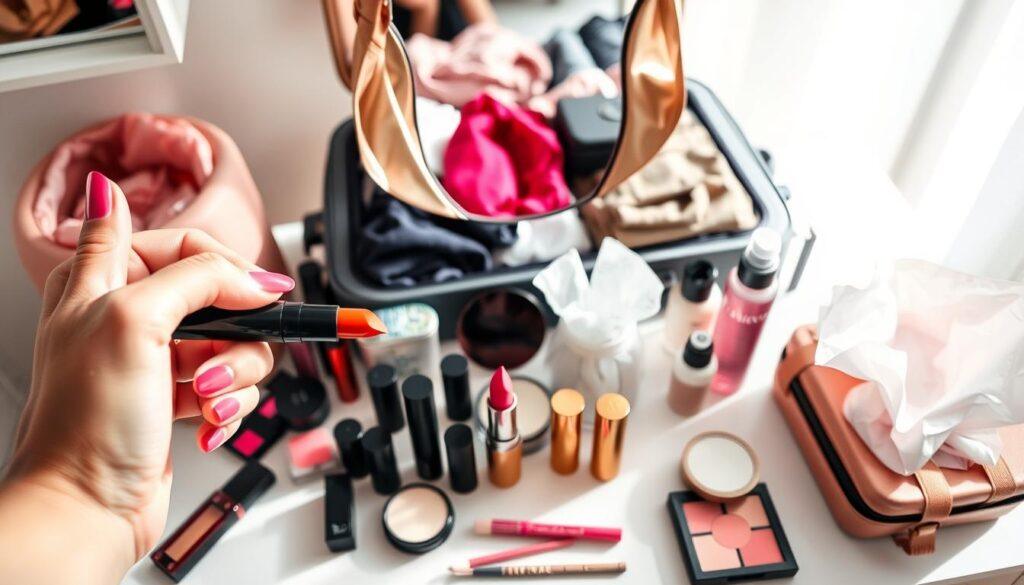 A well-organized workspace for a photoshoot preparation scene, featuring an array of makeup products: vibrant lipsticks, translucent powder, concealer, Q-tips, setting spray, and tissues meticulously arranged on a stylish vanity. The foreground showcases a hand reaching for a lipstick tube, adorned with stylish manicure, suggesting a makeup touch-up. In the middle, a beautifully designed mirror reflects natural light, enhancing the colors of the products. The background is softly blurred, revealing a neatly packed suitcase with clothing and comfort items peeking out. Bright, diffused lighting creates an inviting atmosphere, highlighting the essentials for a flawless look. Capture this scene from a slight overhead angle, emphasizing the details and the excitement of preparing for the perfect photoshoot.