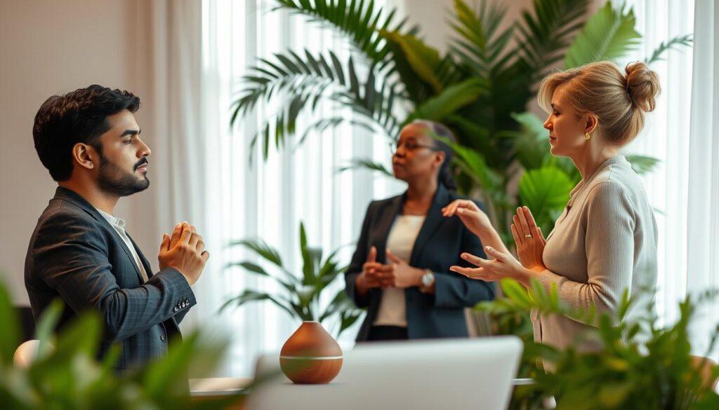 A serene and modern workspace featuring a diverse group of three professionals engaged in breathing techniques. In the foreground, a South Asian man in a crisp blazer demonstrates a calm breathing exercise, while a Black woman in smart casual attire listens attentively, focusing on her breathing. In the middle ground, a white woman adds a soothing atmosphere by adjusting a small essential oil diffuser emitting gentle wisps of aromatic vapor. Lush, green indoor plants surround them, enhancing relaxation. The background shows a softly lit window with natural light filtering through sheer curtains, creating an inviting glow. The overall mood is tranquil and motivating, reflecting mindfulness and confidence. The image should have a warm color palette, emphasizing comfort and clarity.
