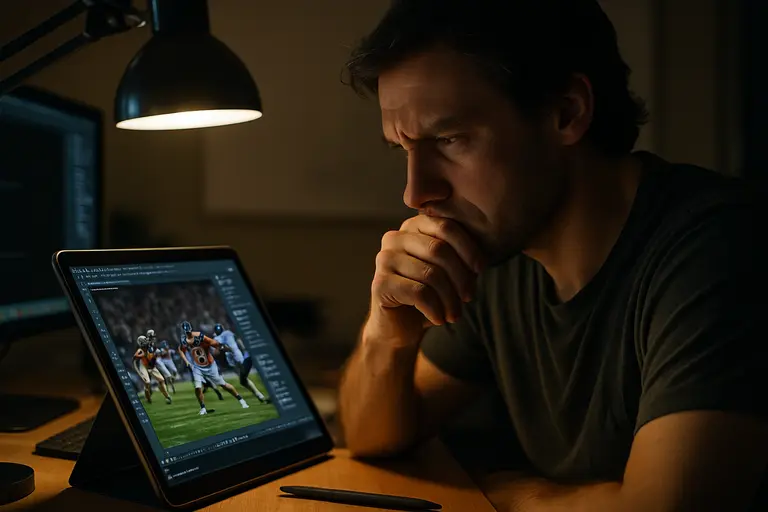 Designer examining generated portraits on a laptop screen