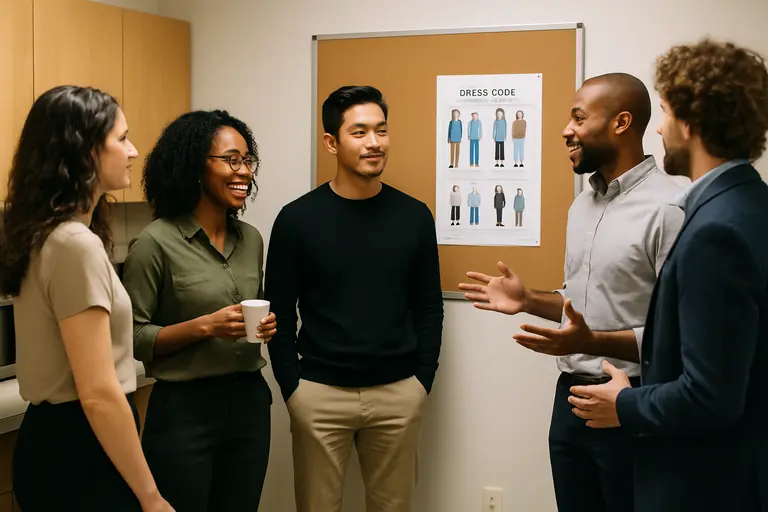 Diverse team wearing practical work outfits during a staff discussion