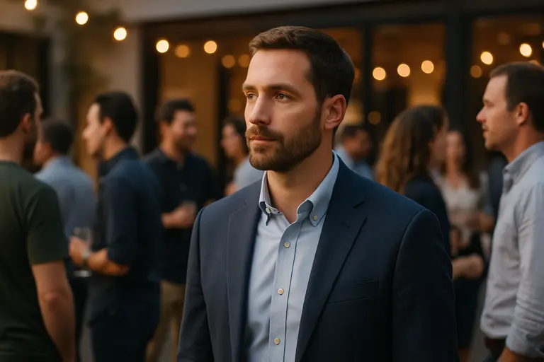 Professional standing confidently before a meeting in smart casual clothing