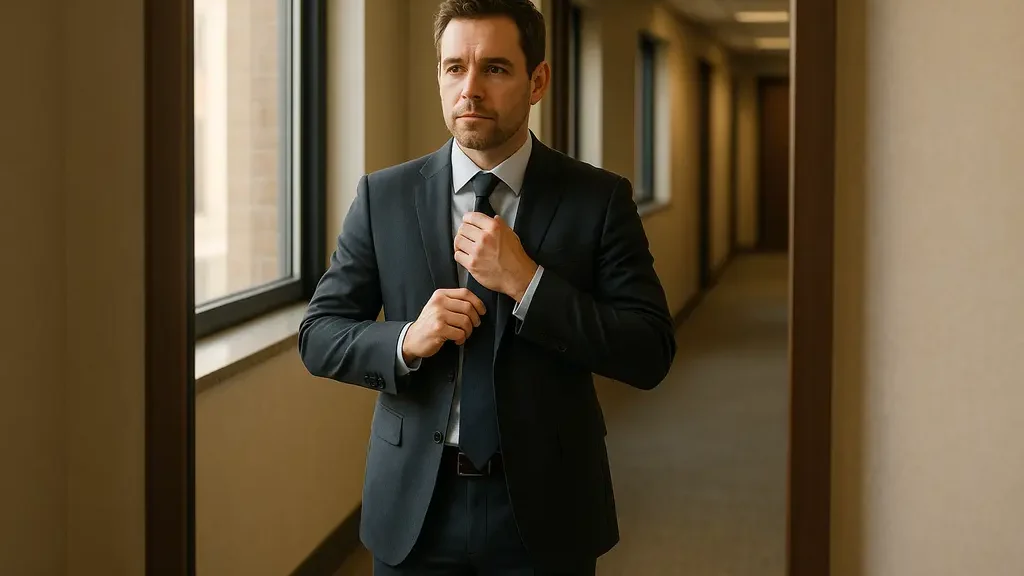 Professional choosing clothing for workplace self-perception before a workday