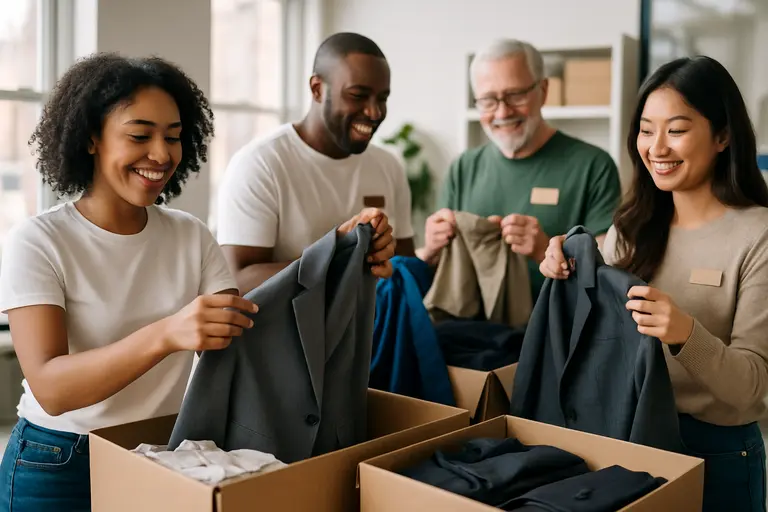 Community volunteers preparing donated professional clothing for students