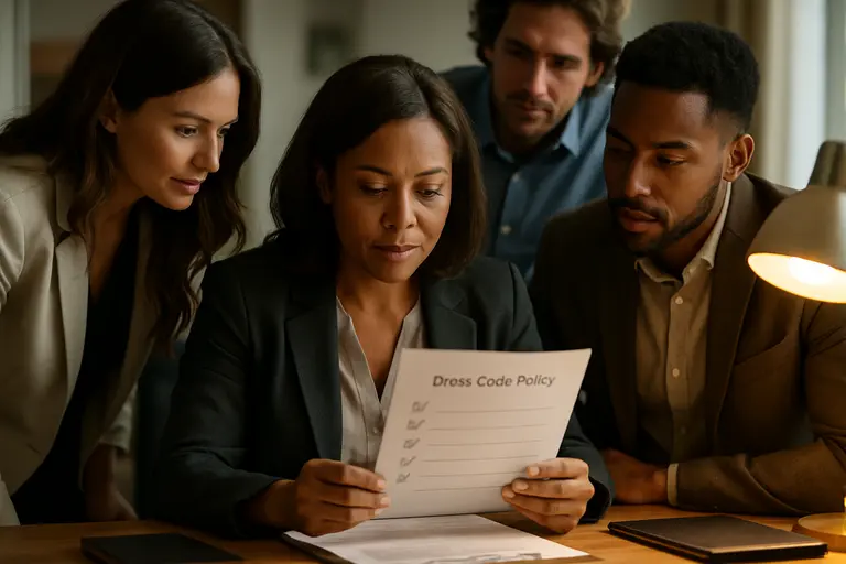 Manager and employee discussing clothing guidelines at a conference table