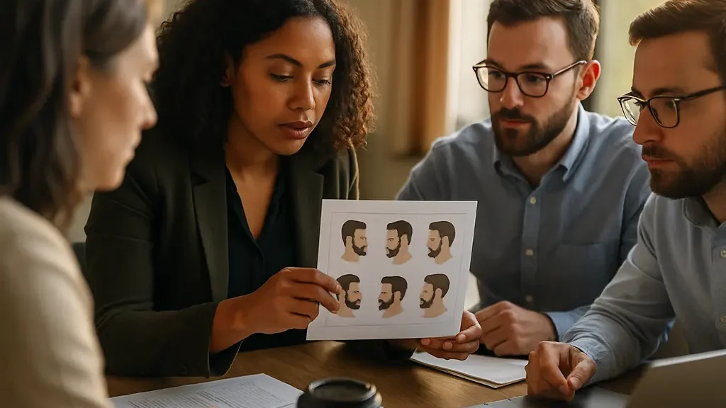 Team reviewing grooming standards and professional headshots at a conference table