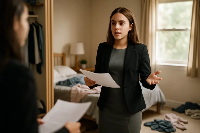 Student rehearsing a presentation while wearing a polished outfit