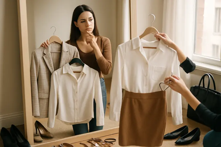 Two interview outfits arranged for formal and smart casual settings