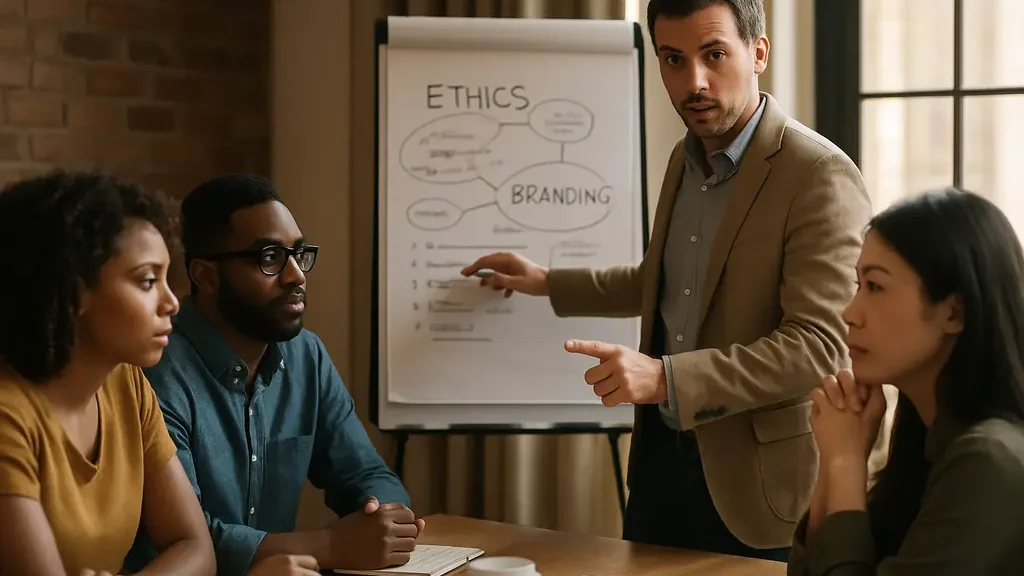 ANA ethics training review with campaign images and notes on a desk