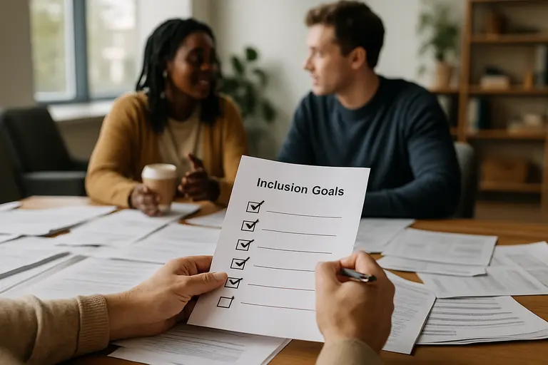 Checklist and pen on a desk beside brand planning documents