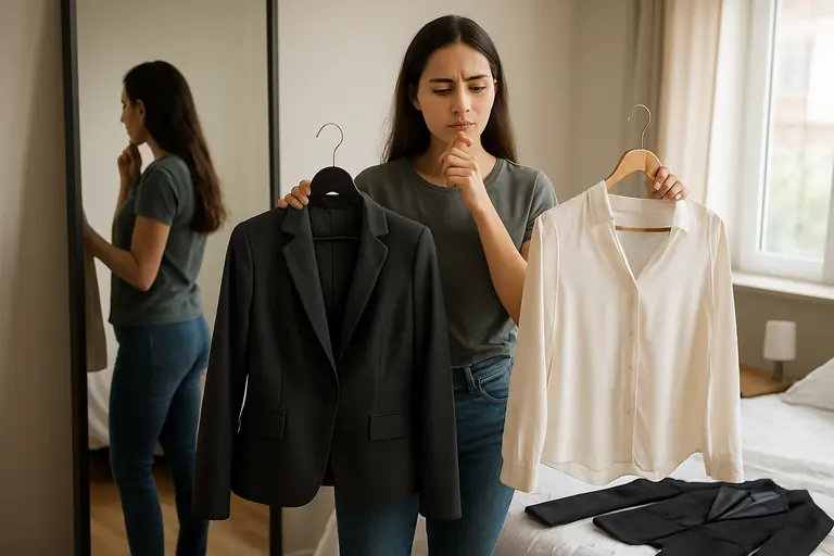 Clean shoes, pressed trousers, and a jacket prepared before an interview
