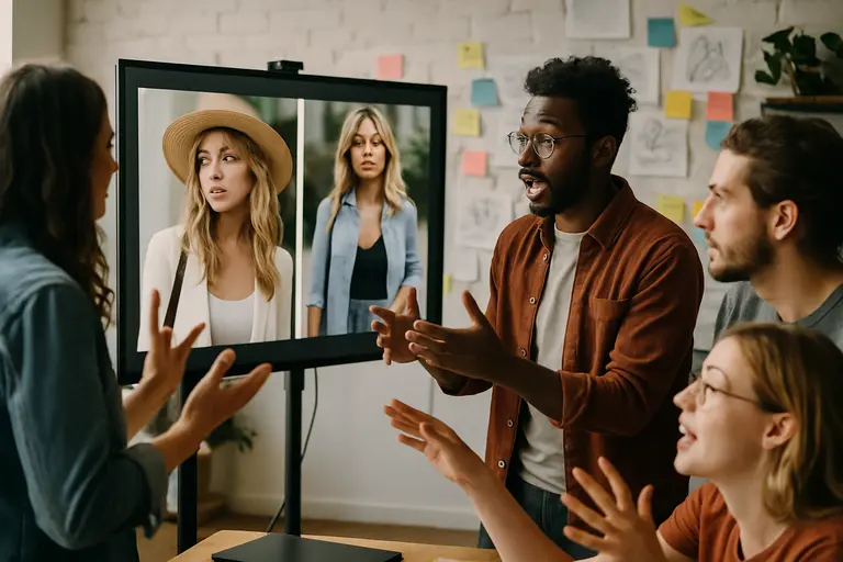 Creative team checking printed campaign photos before approval