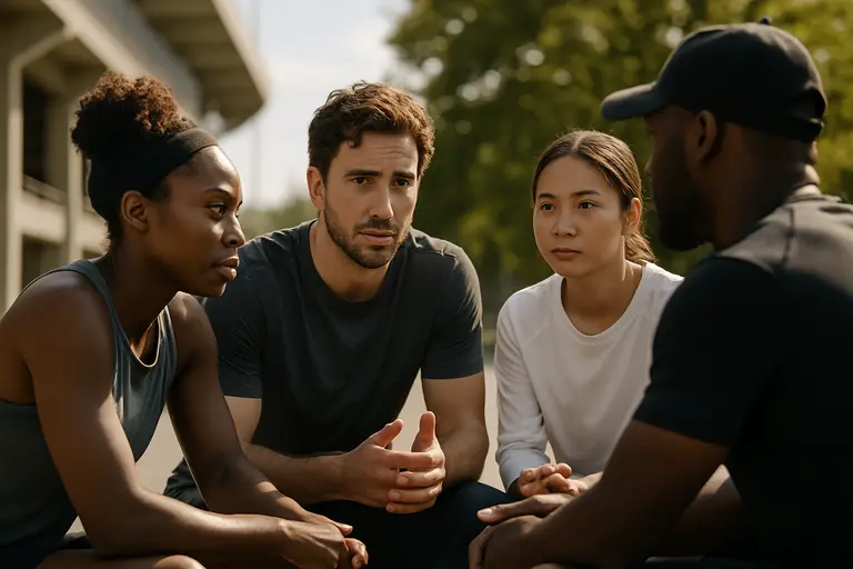 Diverse group discussing clothing expectations around a table