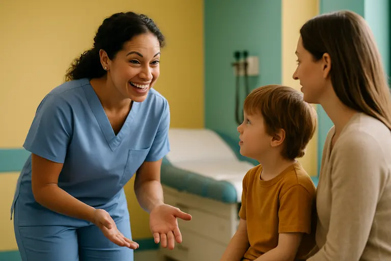 Healthcare professional seated at eye level with a patient during a consultation