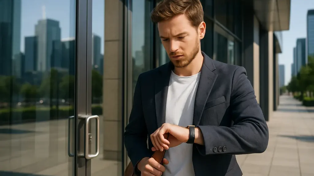 Job seeker selecting a hybrid dress code outfit for an interview