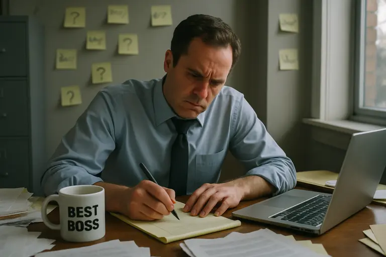 Manager reviewing a workplace clothing policy beside neatly folded uniforms
