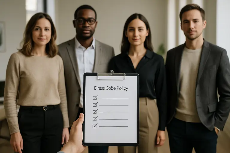 Neutral workplace attire options displayed with a policy checklist