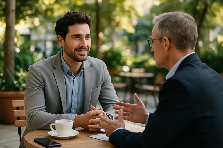 Person comparing interview notes beside business clothing