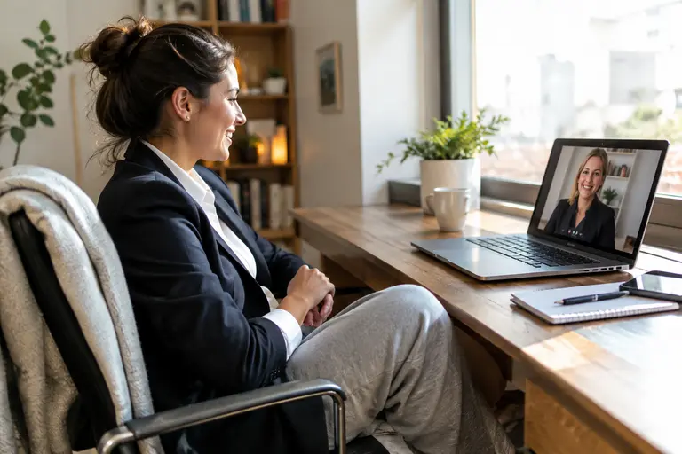 Professional video interview setup with blazer on a nearby chair