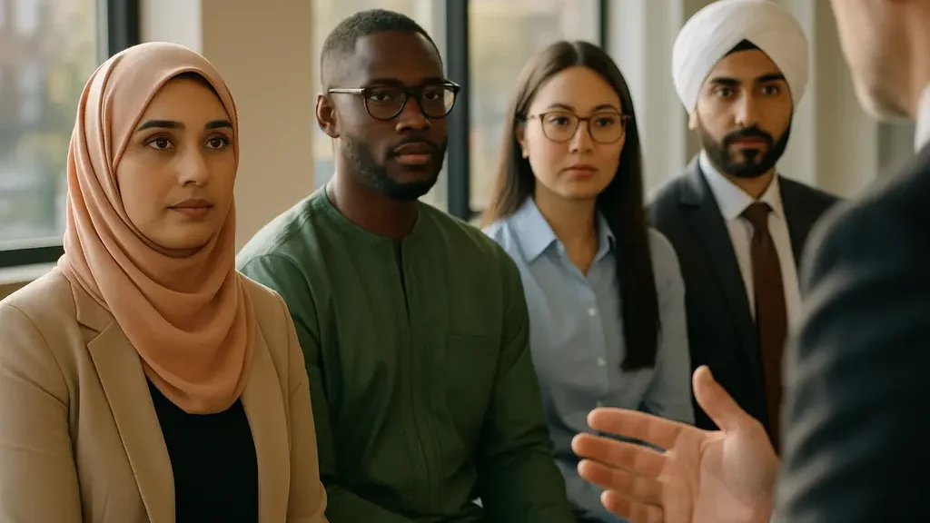 Professional discussing religious dress code options in a workplace setting