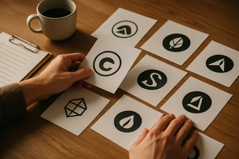 Team comparing logo proofs, color samples, and website mockups